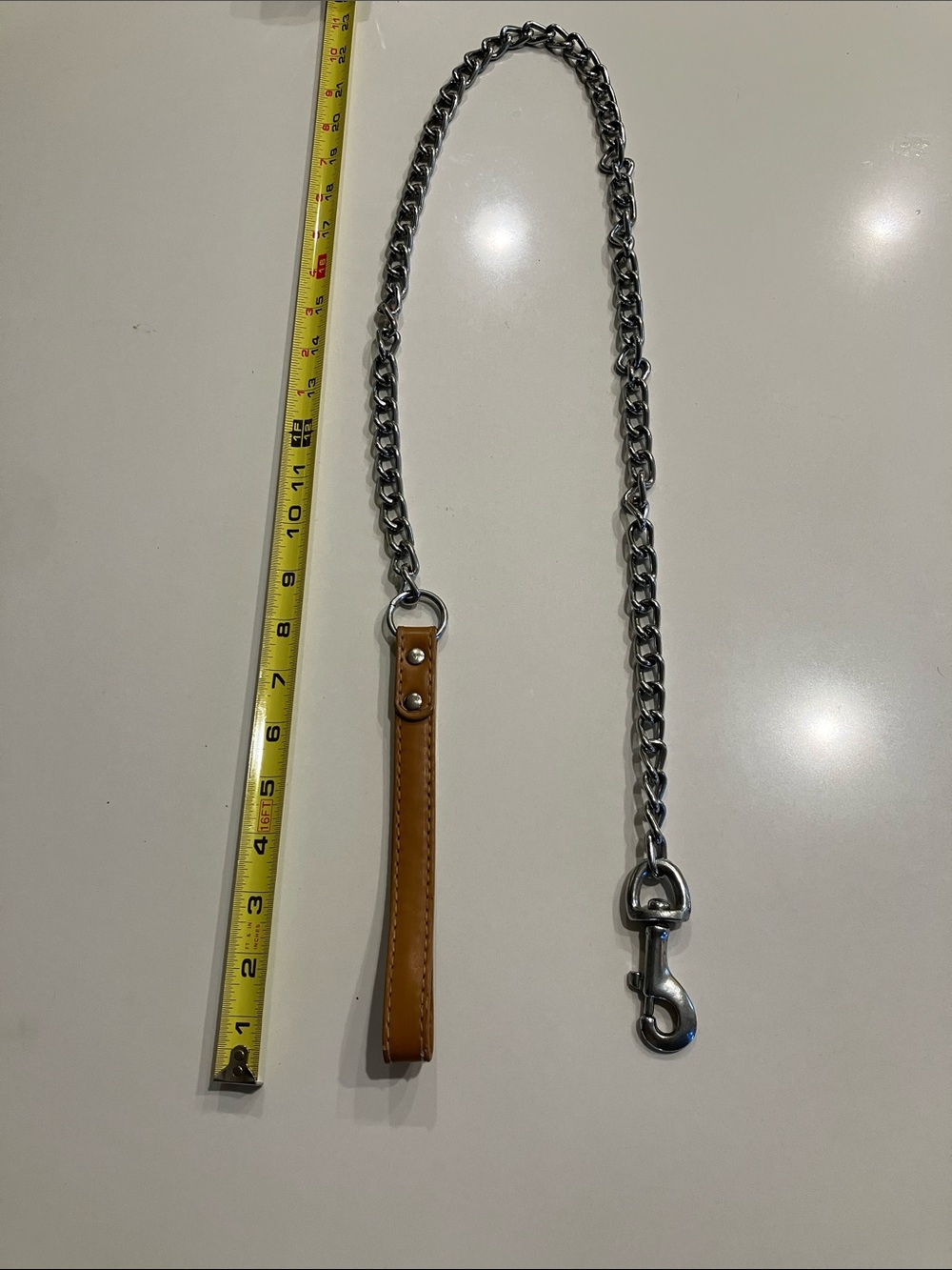 Brown Leather Handle Chain Dog Leash with Silver Chain